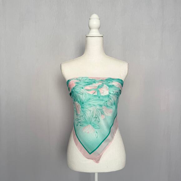 Floral Pink Turquoise Square Scarf, 27x26 - Picture 3 of 10